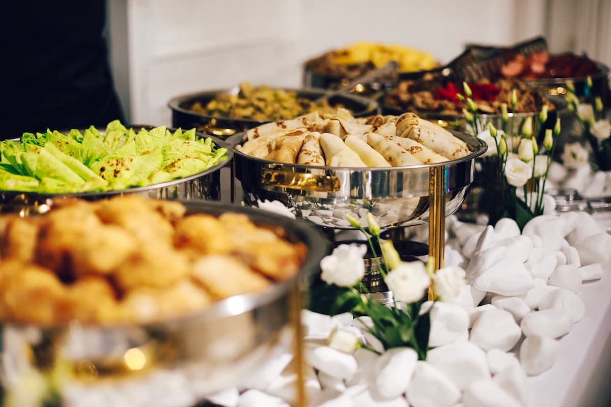 Catering trays and banquet setup for an event