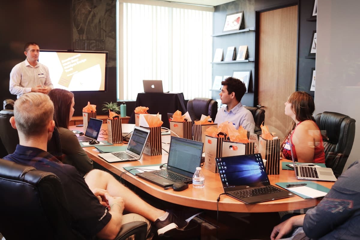 Professionals in a modern conference room for a team meeting