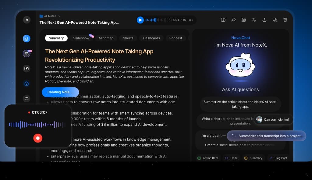 Product preview of the AI Enterprise Notes workspace: meeting note with audio playback, AI summary tabs, and Nova AI assistant chat.